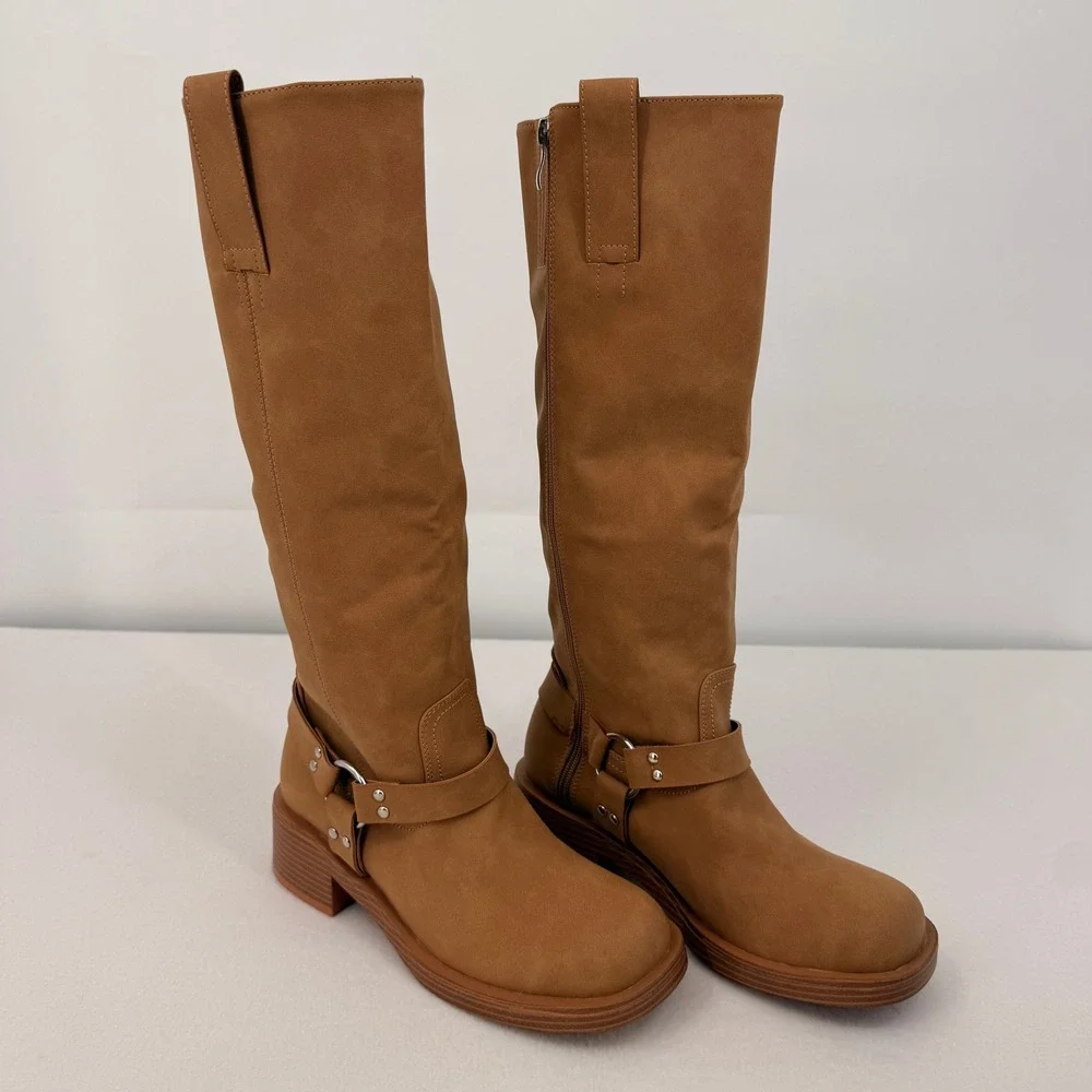 Tan Faux Suede Tall Harness Boots Womens 9-9.5 Round Toe Moto Block Heel Zip